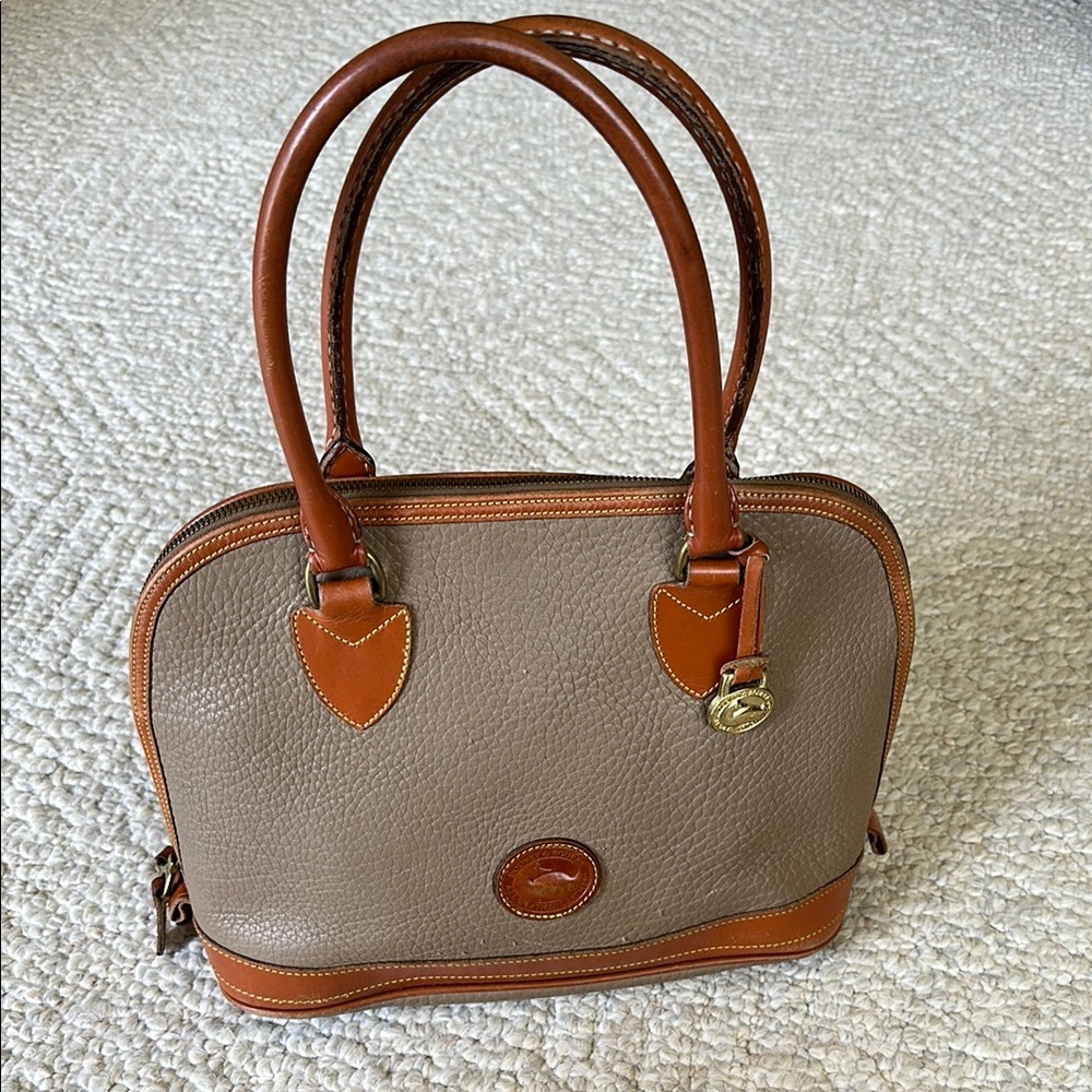 Vintage Dooney & Bourke Brown and Tan Satchel with Gold-Tone Hardware
